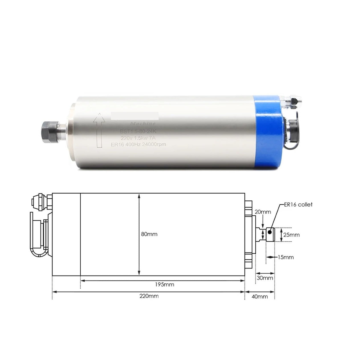 1.5kw ER16 Water Cooled Spindle kit 80x220mm 4 pcs Bearings 0.01mm Accuracy & 1.5kw Drive & Holder & 75w Pump(QL-VFD,380v)