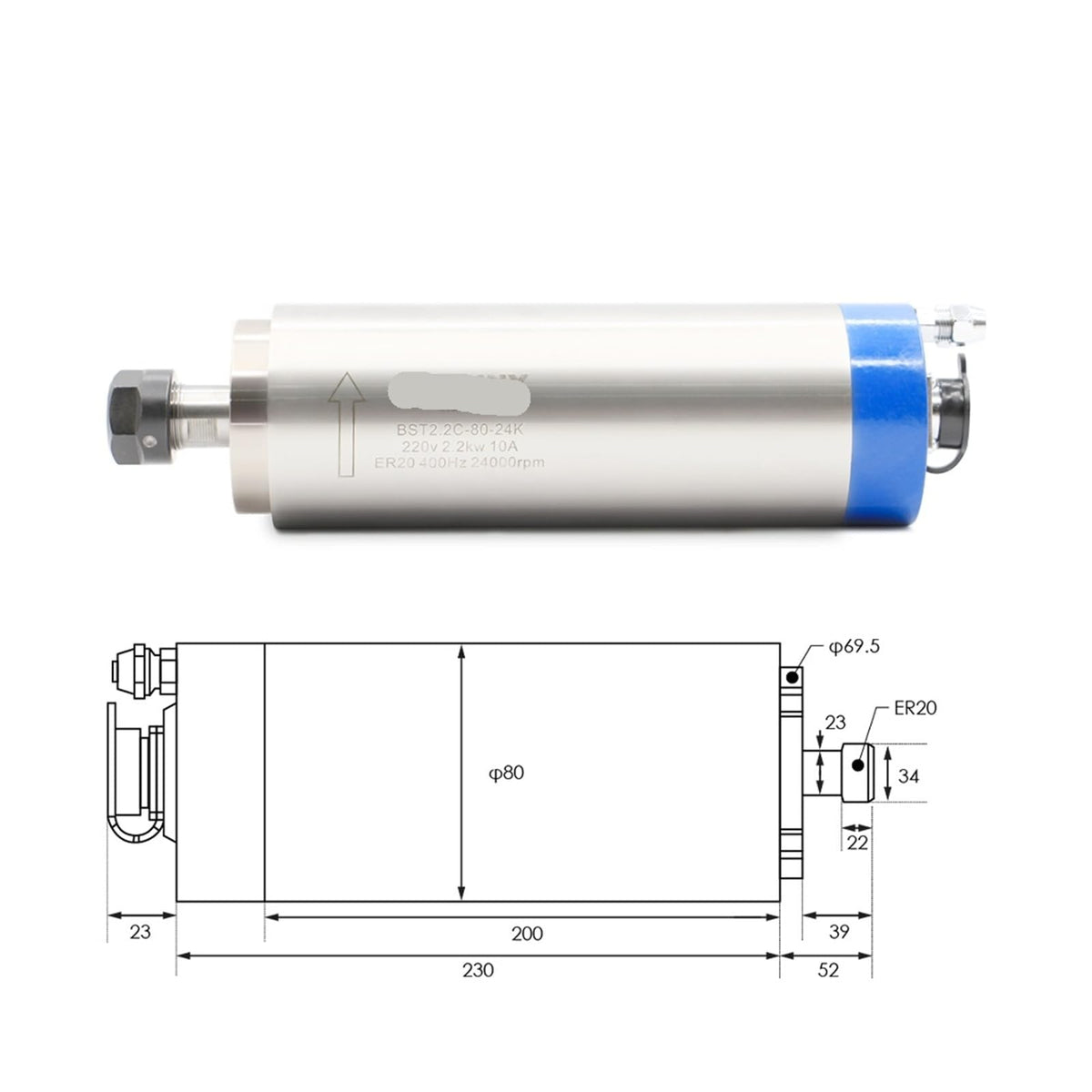 2.2kw Er20 Water Cooled Kit Water Cooling Spindle 2.2kw Vfd 80mm Spindle Bracket 75w Pump