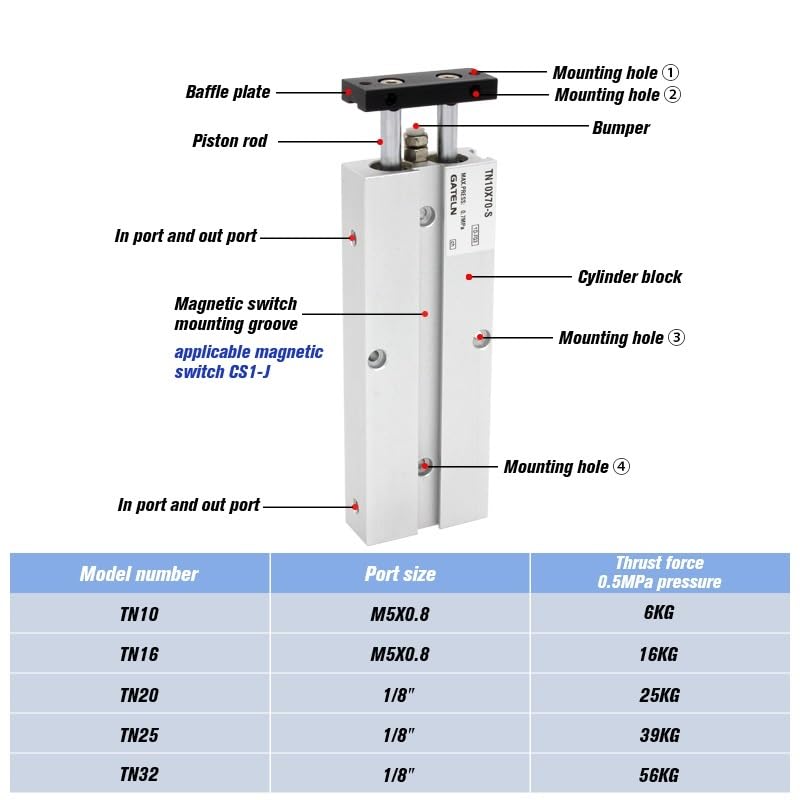 TN32 Two Rod Cylinder TN Double Acting bore Size 32mm Stroke 10-200mm with Magnet Air Pneumatic Cylinder TN32X10S TN2X30S(TN32X200-S)