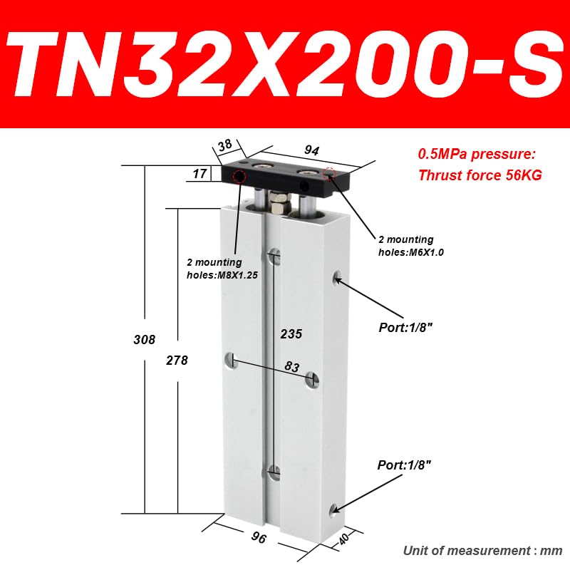 TN32 Two Rod Cylinder TN Double Acting bore Size 32mm Stroke 10-200mm with Magnet Air Pneumatic Cylinder TN32X10S TN2X30S(TN32X200-S)