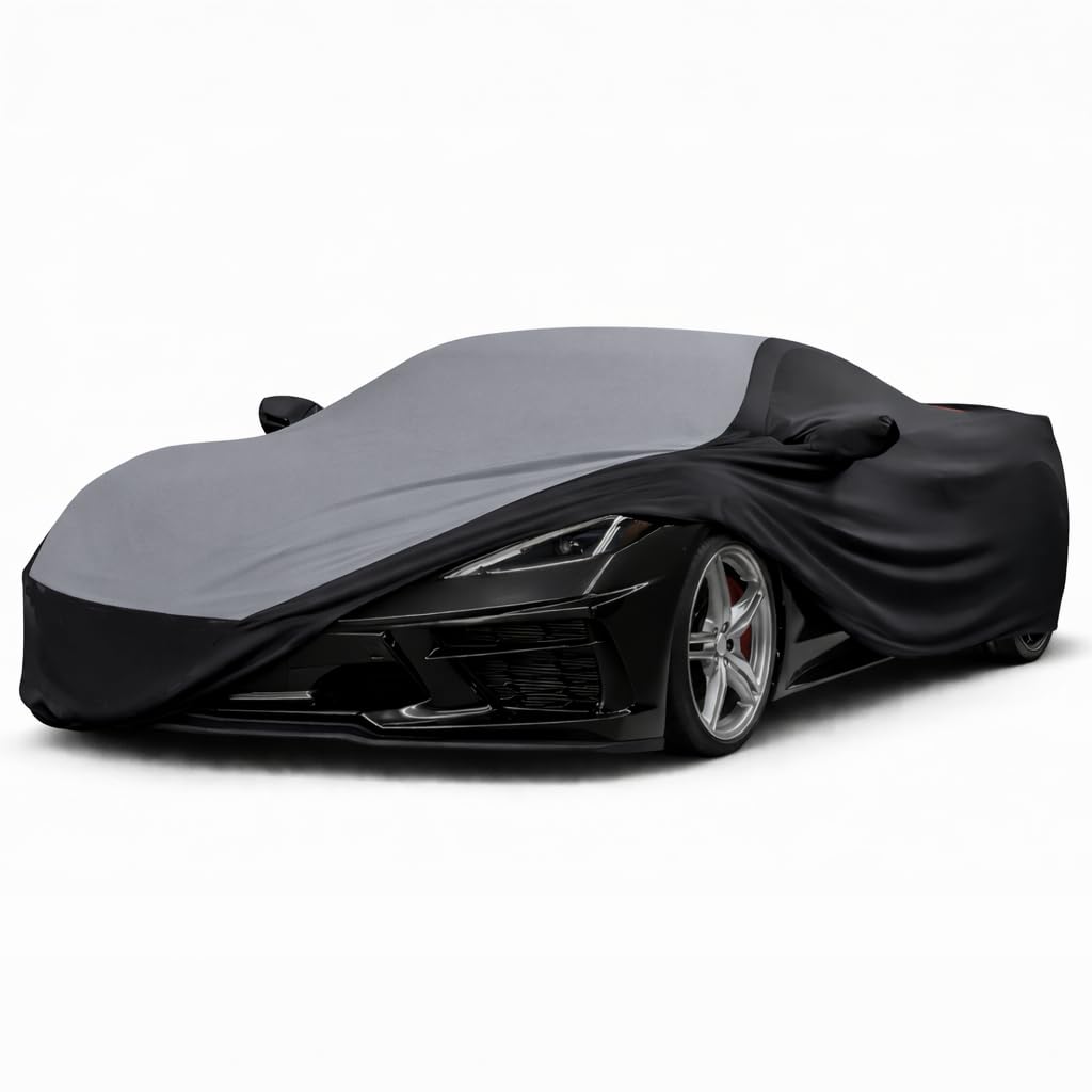 SR1 Performance USA C8 Corvette Indoor Car Cover – Custom Fit Stretch Satin Ultraguard, Soft Paint Protection Against Dust & Scratches for 2020–2026 Stingray, Z51, Z06, E-Ray (Gray/Black)