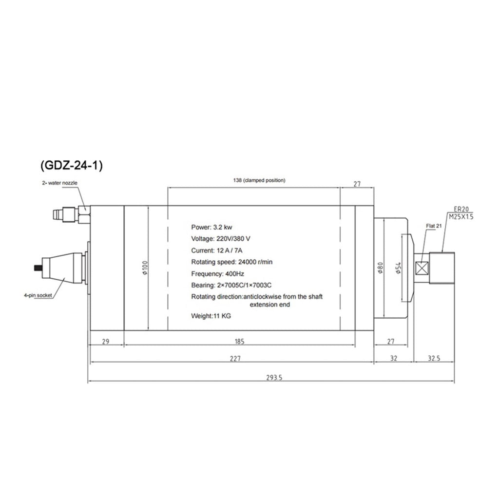 Spindle Motor 1.5kw 2.2kw 3.2KW ER11 ER20 220V 380V Water Cooling Spindle D80 D100mm(380V,GDZ-24-1B)