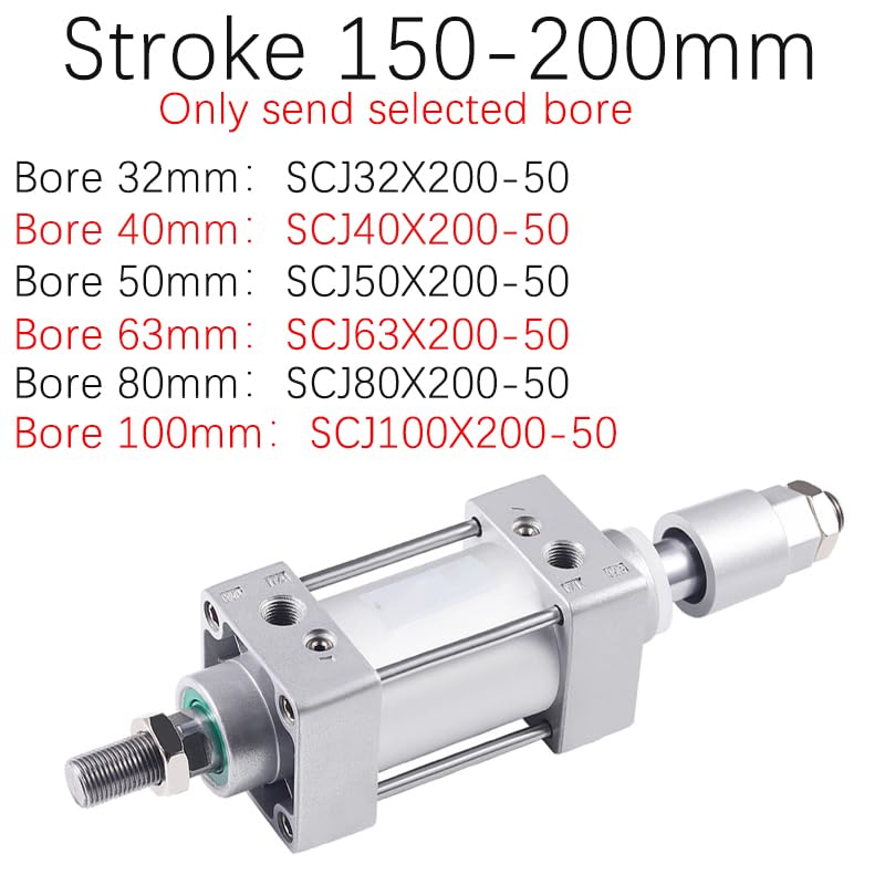 SCJ32*50/75/100-50-S Standard Air Pneumatic Cylinder Adjustable Pistons Double Rod Reset Seal Dust-Proof(Stroke 150-200mm,SCJ32 (Bore 32mm))