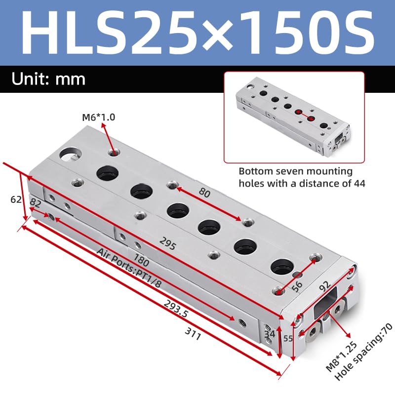 Slide Guide Rail Pneumatic Cylinder, 1 inch (25mm) Bore 6 inch (150mm) Stroke with Magnetic, Mini High Precision Guided Air Cylinder for Automation (HLS25-150)