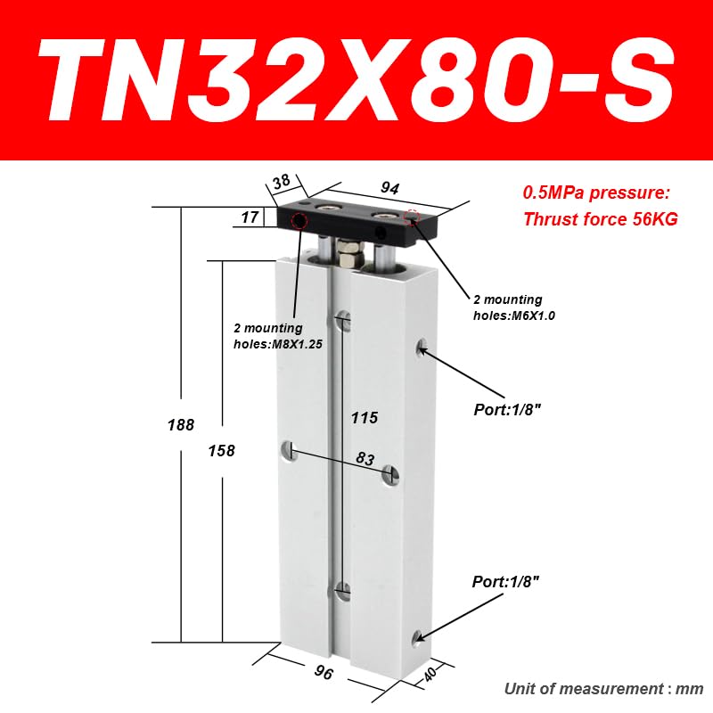 TN32 Two Rod Cylinder TN Double Acting bore Size 32mm Stroke 10-200mm with Magnet Air Pneumatic Cylinder TN32X10S TN2X30S(TN32X80-S)