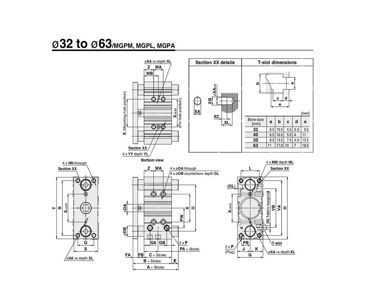 Compact Guide Cylinder Thin Three axis air Pneumatic Cylinder with Guide Rod bore 32 mm Stroke 25-400mm(250mm Stroke,MGPM32)