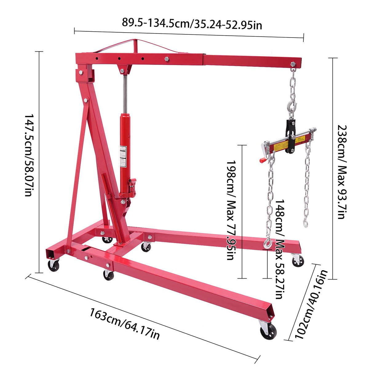2T Folding Hydraulic Crane, Hydraulic Crane with Engine Leveler 4409lbs Capacity Heavy Duty Folding Shop Crane with 6 Casters for Engine Lift Loading Red