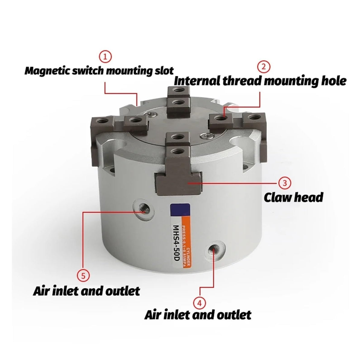 Parallel air Gripper 2 3 4 Finger Type MHS2 MHS3 MHS4 Hole Diameter 16 20 25 32 40 50 63 mm Pneumatic Aluminum clamp Finger(MHS3-50D)