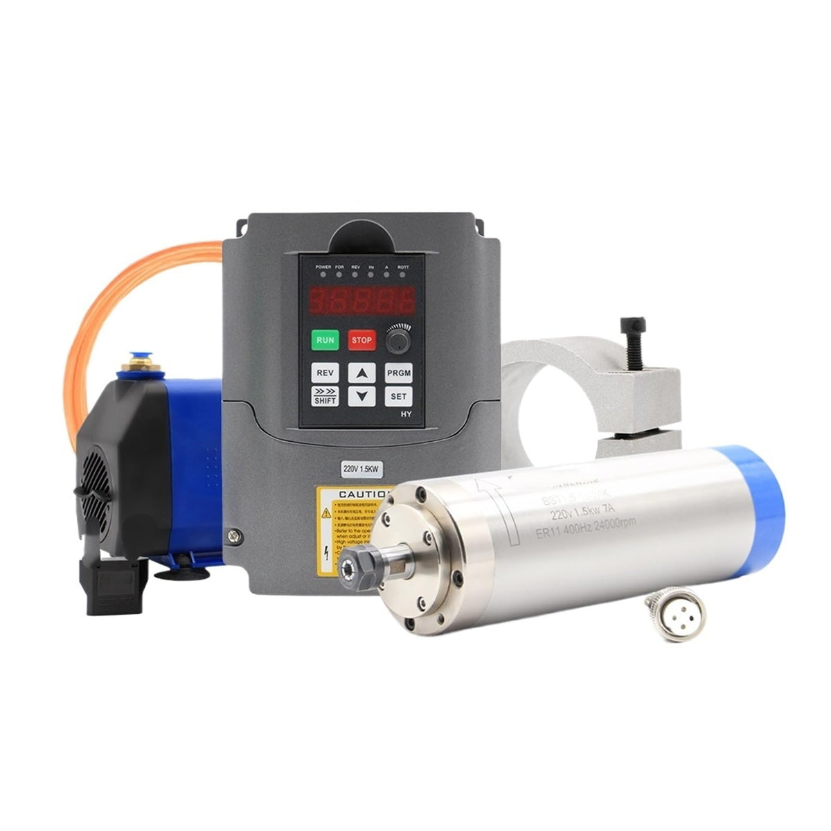 Water-Cooled Spindle kit 1.5kw ER11 Diameter 65mm 4 Bearings & 1.5kw HY Inverter/VFD & 65mm Stand & 75w Water Pump(110v)
