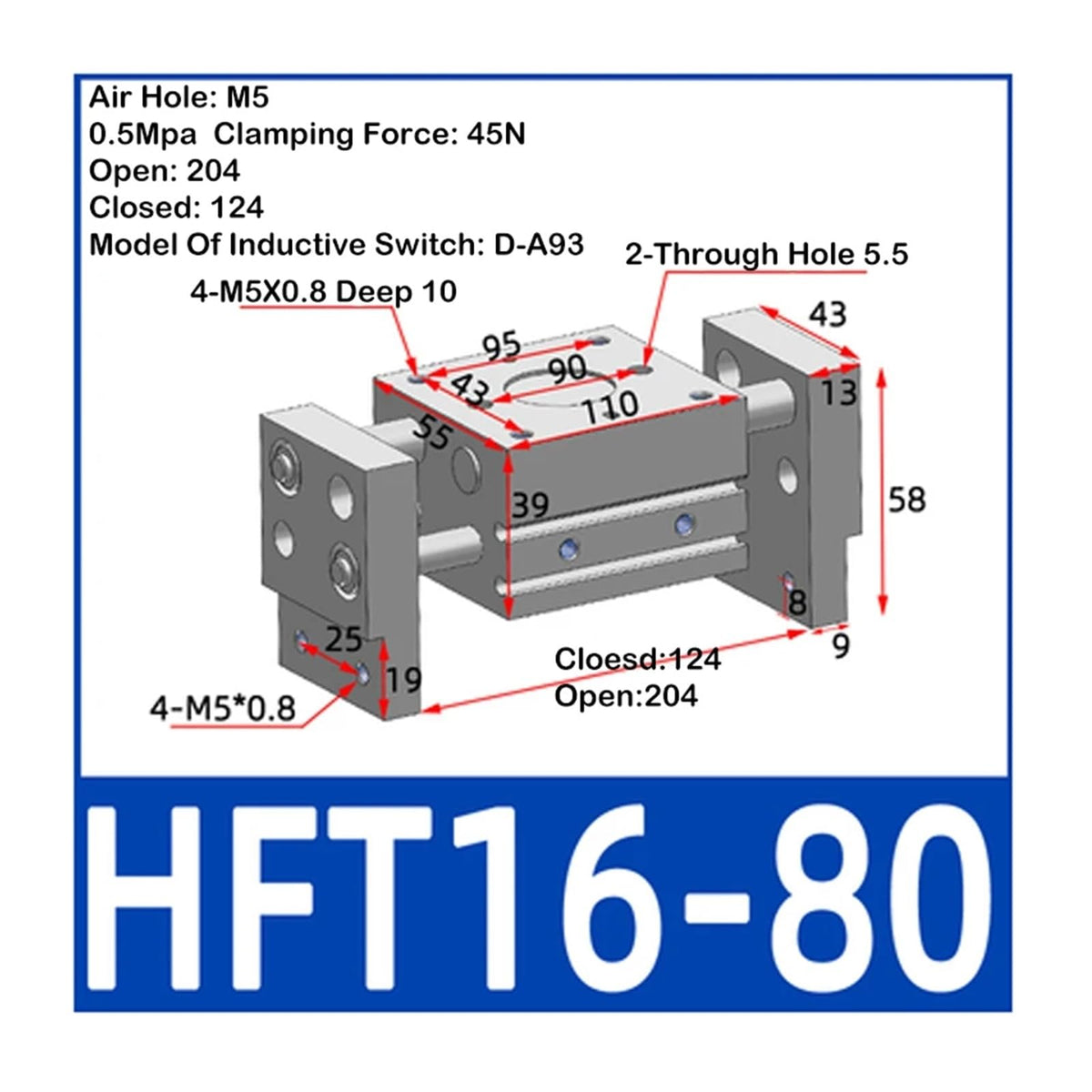 HFT Pneumatic Cylinder Large Diameter Open Clip Finger Cylinder HFT10/16/20/25/32x20/30/40/60/80/150-S(HFT16x80)