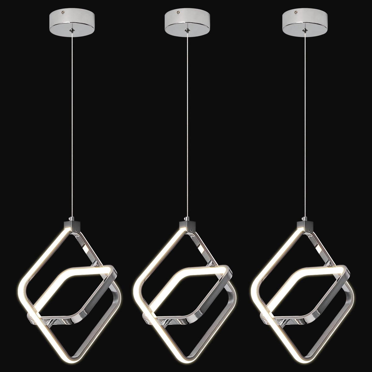 Modern LED Chandelier Chrome Rectangular Pendant Light Fixtures 4000K 20W Dimmable Height Adjustable Pendant Lighting for Dining Room Kitchen Island Bedroom Living Room Foyer（3-Pack）