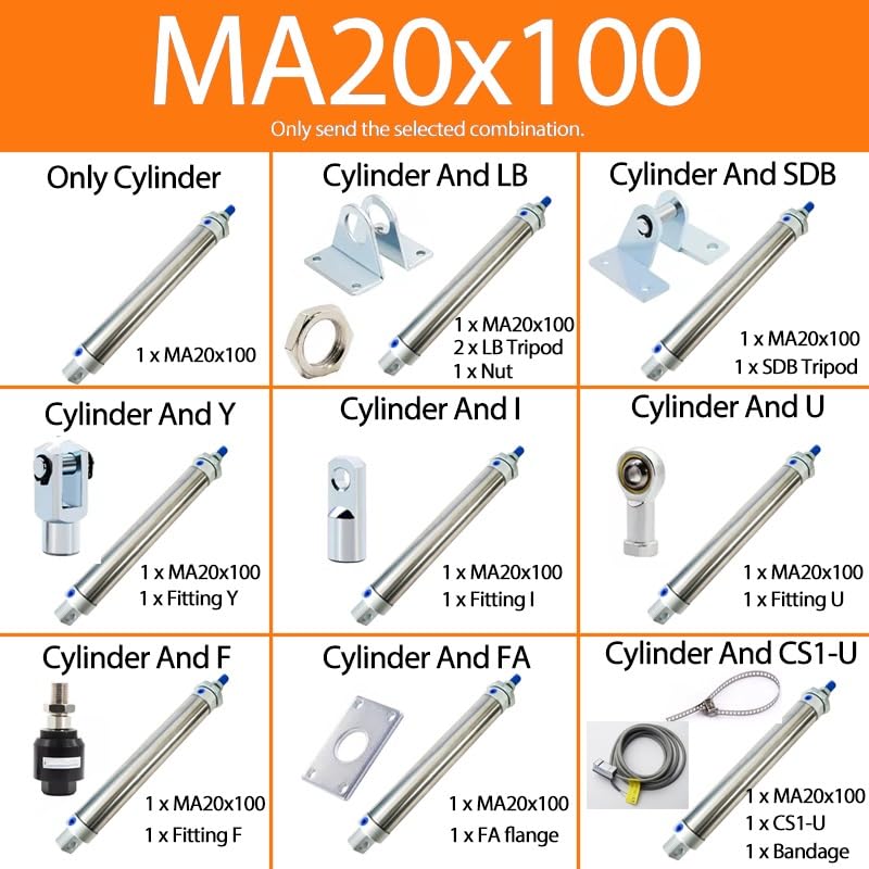 -Air Cylinder 25-500mm Stroke MA20 Series Stainless Steel Mini Air Pneumatic Cylinder Double Acting Pneumatic Piston(MA20X100,Cylinder and Y)