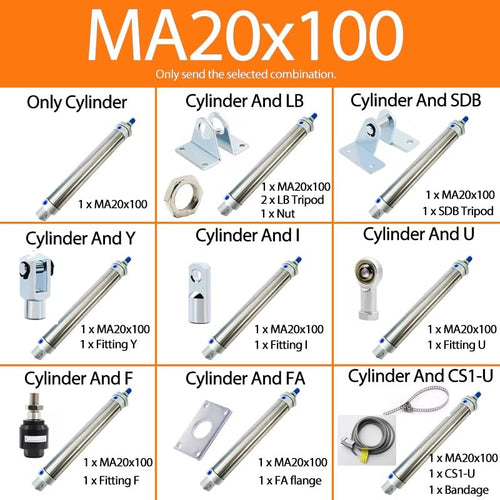 -Air Cylinder 25-500mm Stroke MA20 Series Stainless Steel Mini Air Pneumatic Cylinder Double Acting Pneumatic Piston(MA20X100,Cylinder and Y)