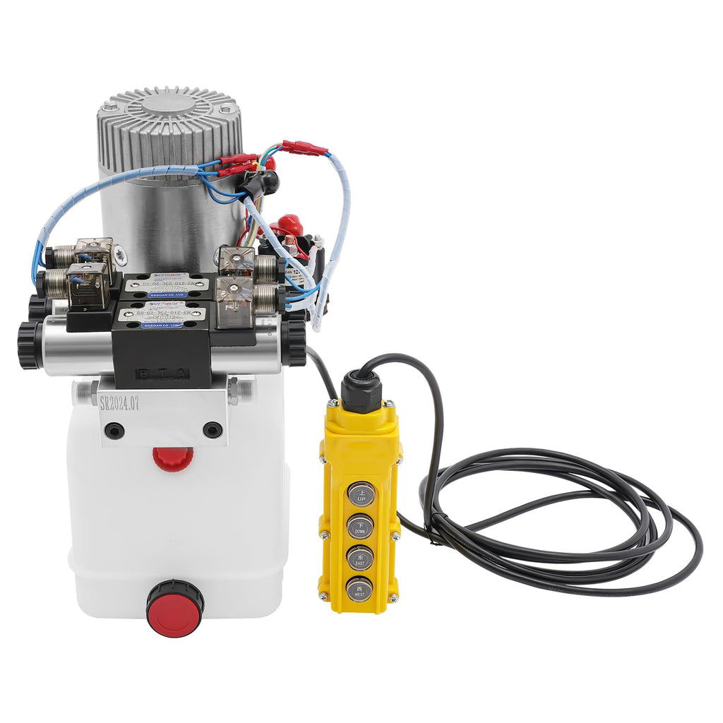 12V DC Hydraulic Pump Single Acting, 4.5 Quart Square Plastic Reservoir, Double Acting Capable, for Dump Trailer, Lift Gate, Small to Medium Hydraulic Power Unit