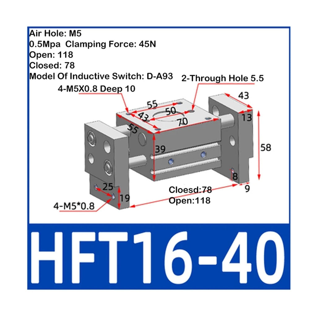 HFT Pneumatic Cylinder Large Diameter Open Clip Finger Cylinder HFT10/16/20/25/32x20/30/40/60/80/150-S(HFT16x40)