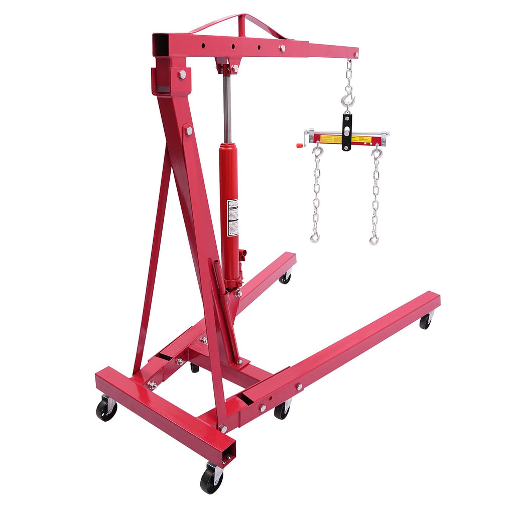 2T Folding Hydraulic Crane, Hydraulic Crane with Engine Leveler 4409lbs Capacity Heavy Duty Folding Shop Crane with 6 Casters for Engine Lift Loading Red