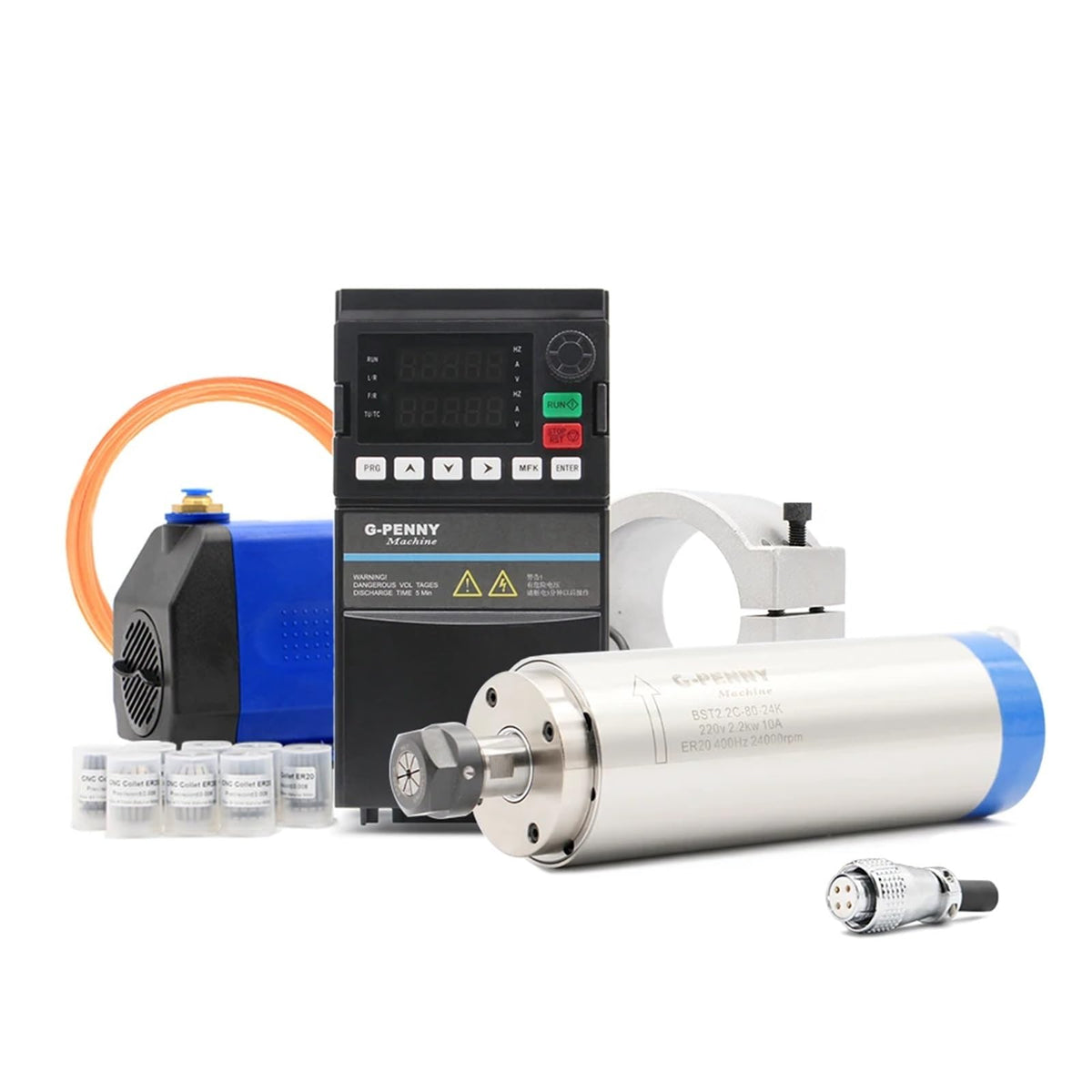 2.2kw ER20 Water Cooled Spindle Kit Water Cooling Spindle & 2.2kw VFD & 80mm Spindle Bracket & 75w Water Pump(GP,Steel Ball Bearing)