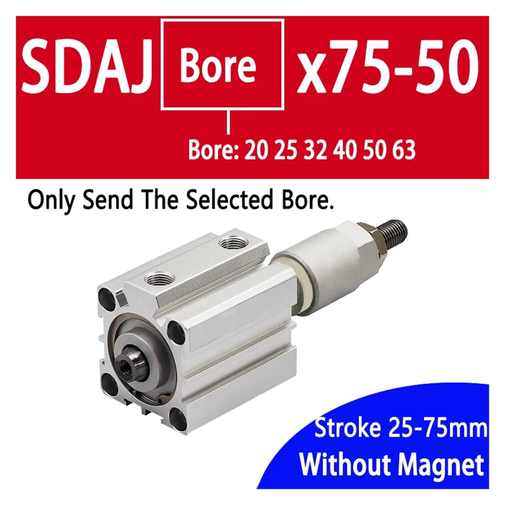 SDAJ40/50/63mm Cylinder Diameter Double Acting Piston Tool Aluminum Alloy Adjustable Stroke Compact Thin Air Cylinder Without Magnet(Without Magnet 75-50,Bore 63mm)