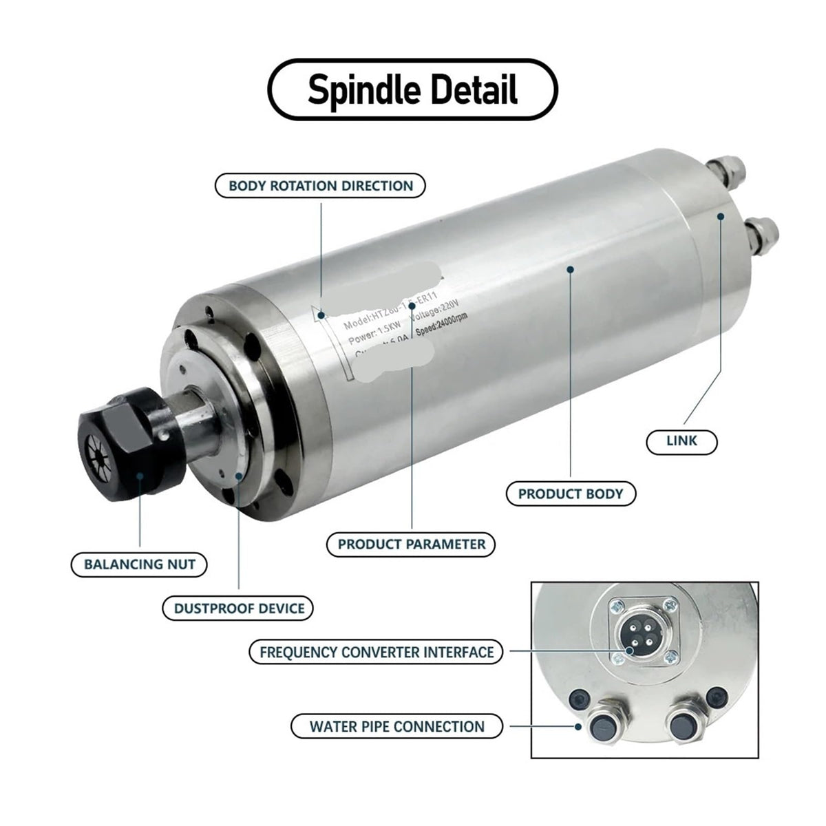 1500w Spindle Motor 220v Er11 1.5kw Round Water Cooling Spindle 24000rpm +1.5kw Vfd 50/60hz +Water Pump +80mm Bracket