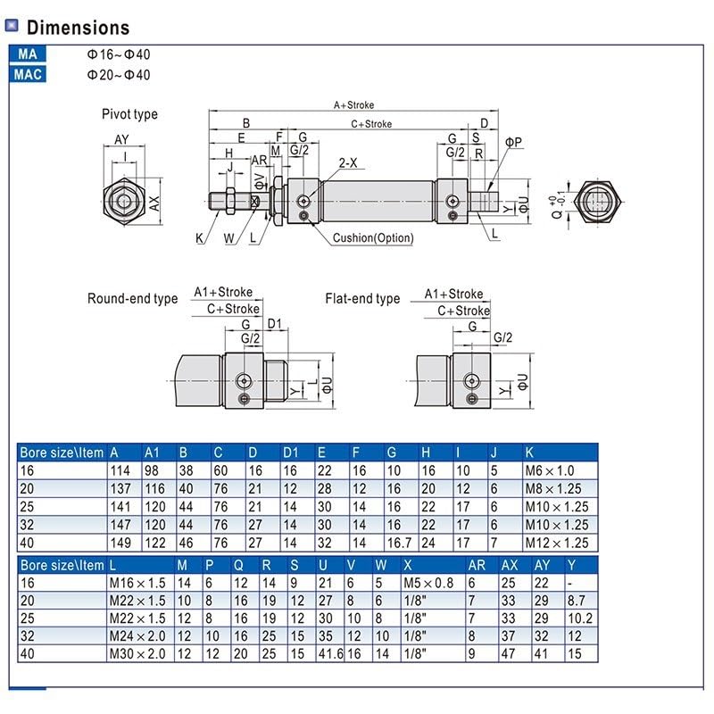 -Air Cylinder 25-500mm Stroke MA20 Series Stainless Steel Mini Air Pneumatic Cylinder Double Acting Pneumatic Piston(MA20X25,Cylinder and SDB)
