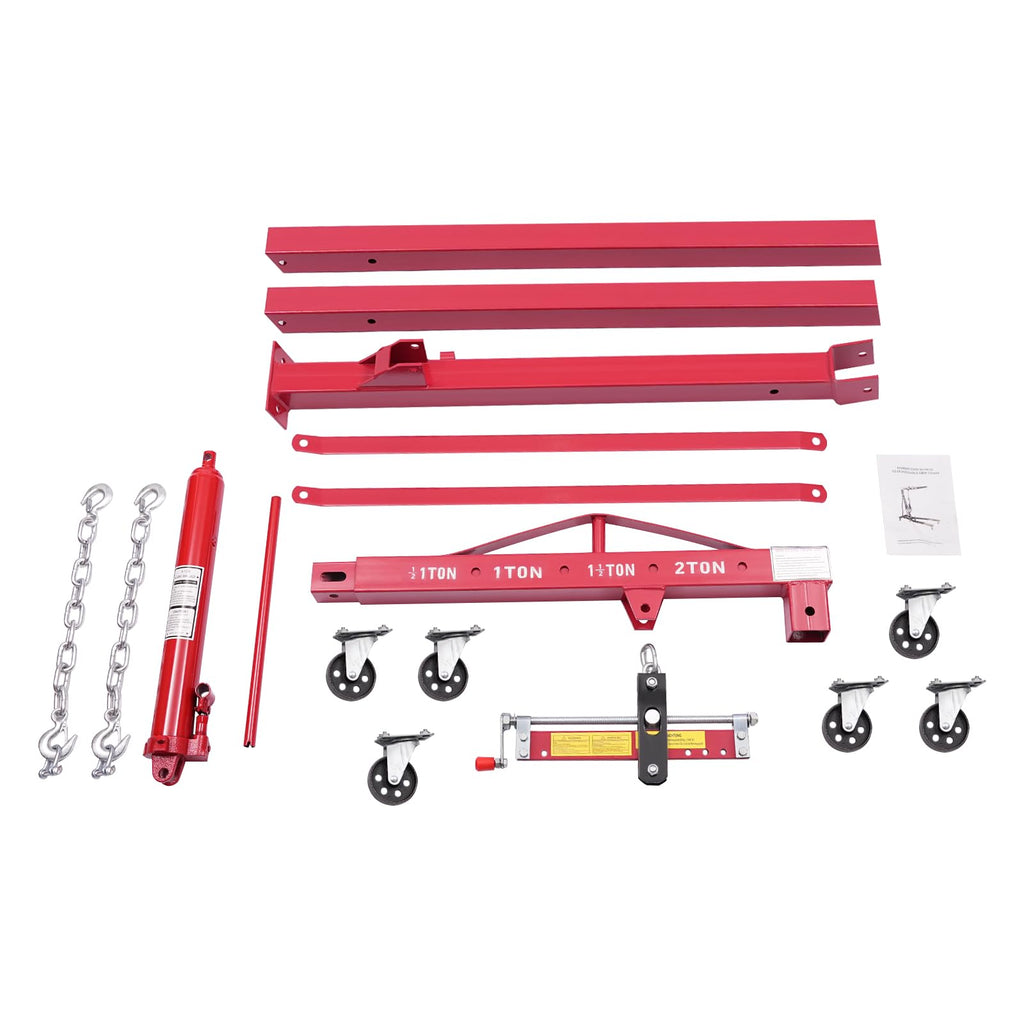 2T Folding Hydraulic Crane, Hydraulic Crane with Engine Leveler 4409lbs Capacity Heavy Duty Folding Shop Crane with 6 Casters for Engine Lift Loading Red