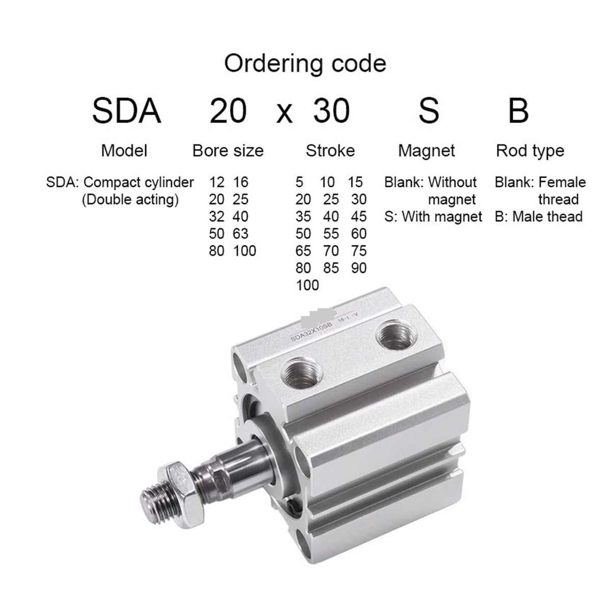 SDA Pneumatic Compact Cylinder, External Thread Stroke 5 to 100mm, with Magnet(Stroke 40mm -SB,Bore 40mm)