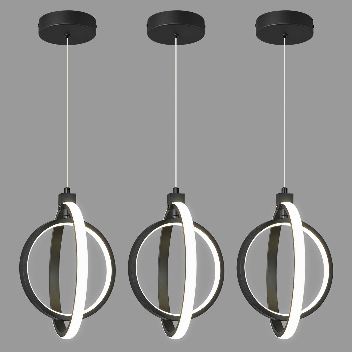 Modern LED Chandelier Chrome Rectangular Pendant Light Fixtures 4000K 20W Dimmable Height Adjustable Pendant Lighting for Dining Room Kitchen Island Bedroom Living Room Foyer（3-Pack）