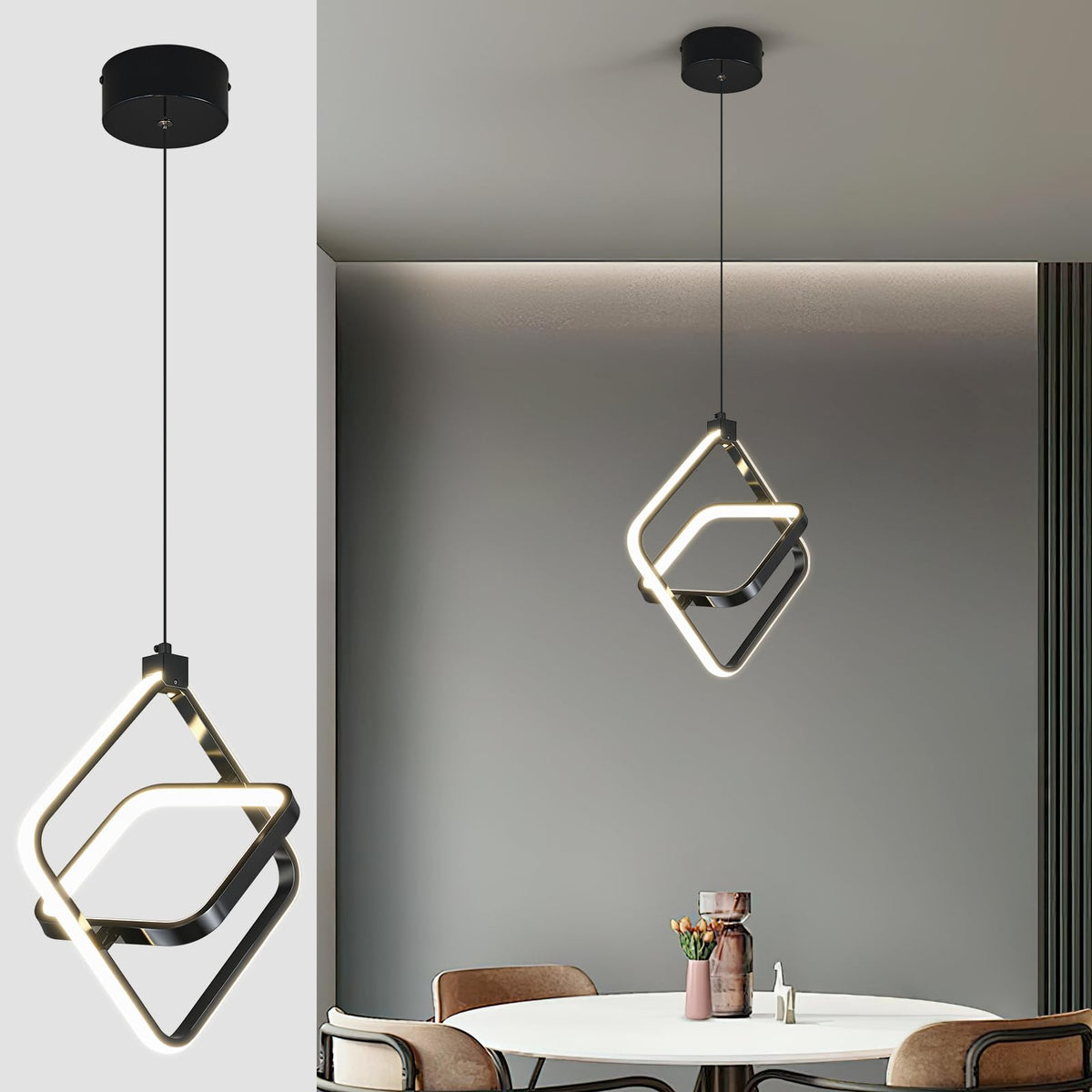Modern LED Chandelier Chrome Rectangular Pendant Light Fixtures 4000K 20W Dimmable Height Adjustable Pendant Lighting for Dining Room Kitchen Island Bedroom Living Room Foyer（3-Pack）