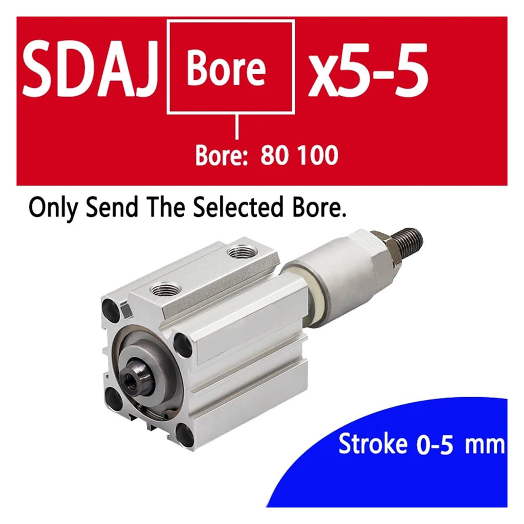 SDAJ80/100mm Bore Double Acting Piston Tools Aluminum Alloy Adjustable Stroke Compact Thin Air Pneumatic Cylinder(Stroke 5-5,SDAJ100 No Magnet)