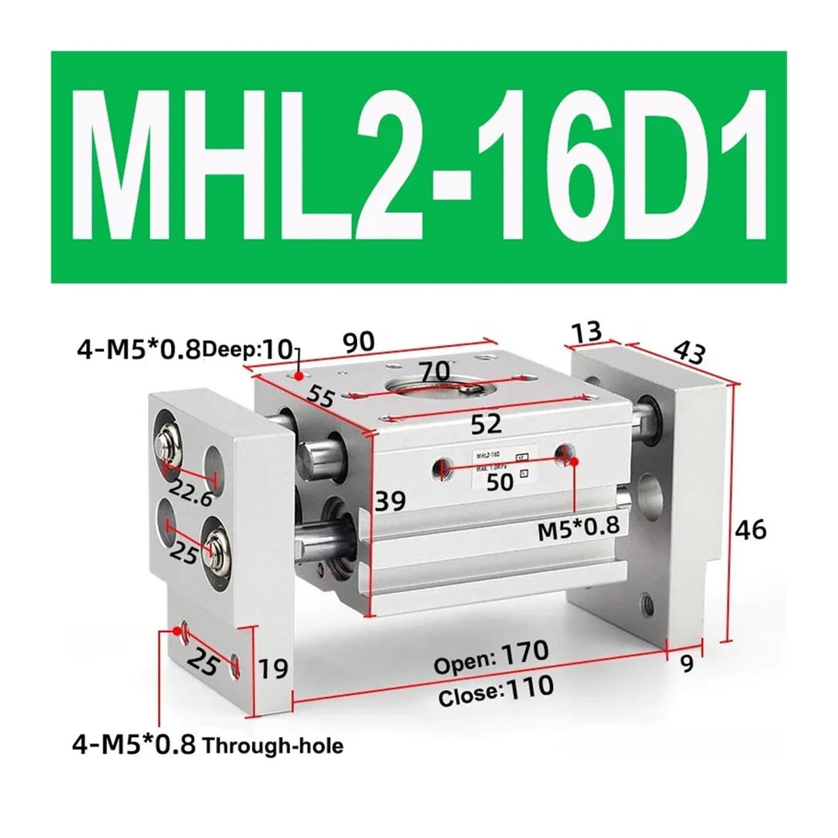 1pcs MHL2 Double Acting Pneumatic Gripper Replacement T Type Air Gripper 10D/16D/20D/25D/32D/40D/10D1/16D1/20D1/25D1/32D1/40D1(MHL2-16D1)