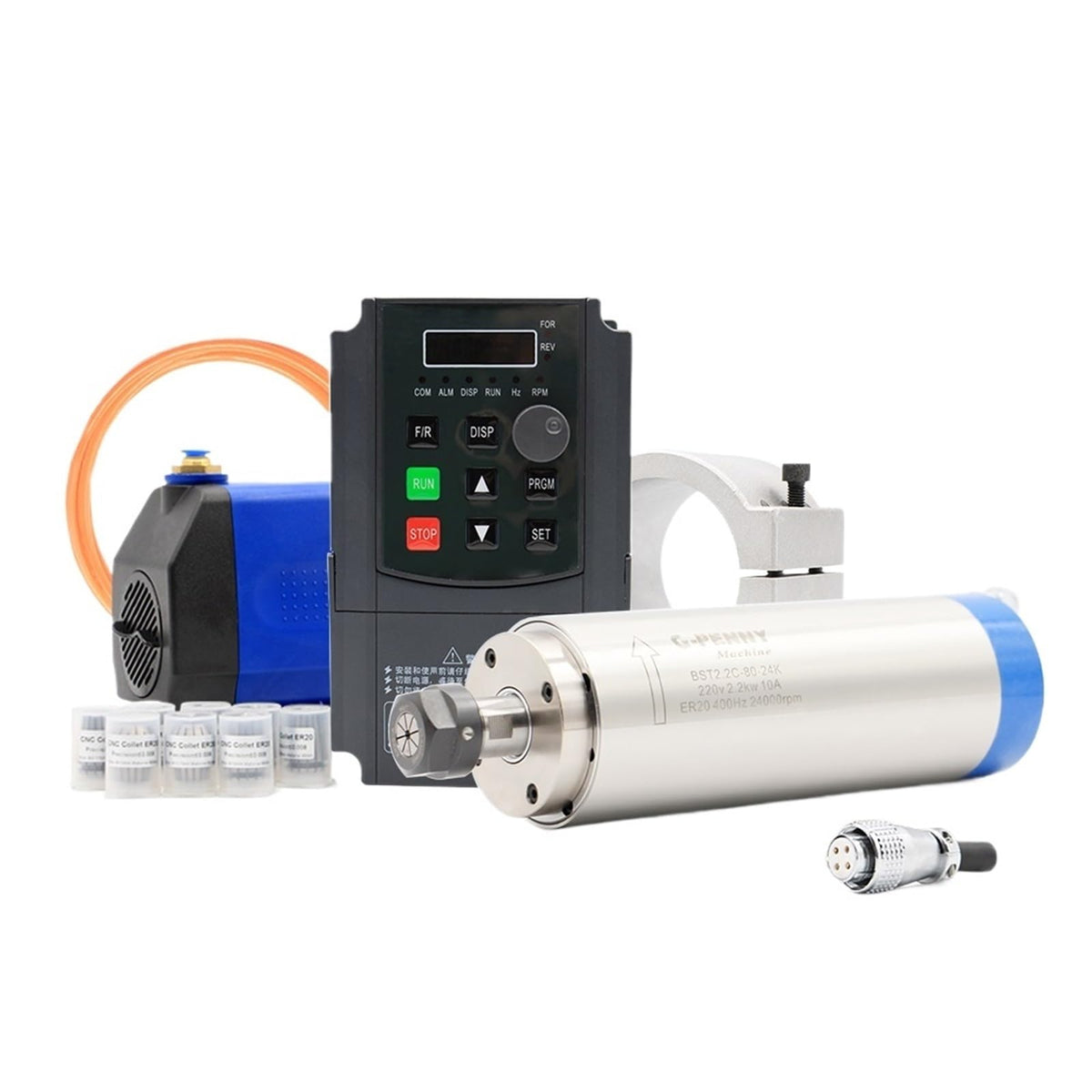 2.2kw ER20 Water Cooled Spindle Kit Water Cooling Spindle & 2.2kw VFD & 80mm Spindle Bracket & 75w Water Pump(GP,Steel Ball Bearing)