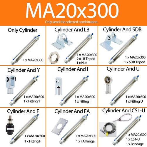-Air Cylinder 25-500mm Stroke MA20 Series Stainless Steel Mini Air Pneumatic Cylinder Double Acting Pneumatic Piston(MA20X300,Cylinder and U)