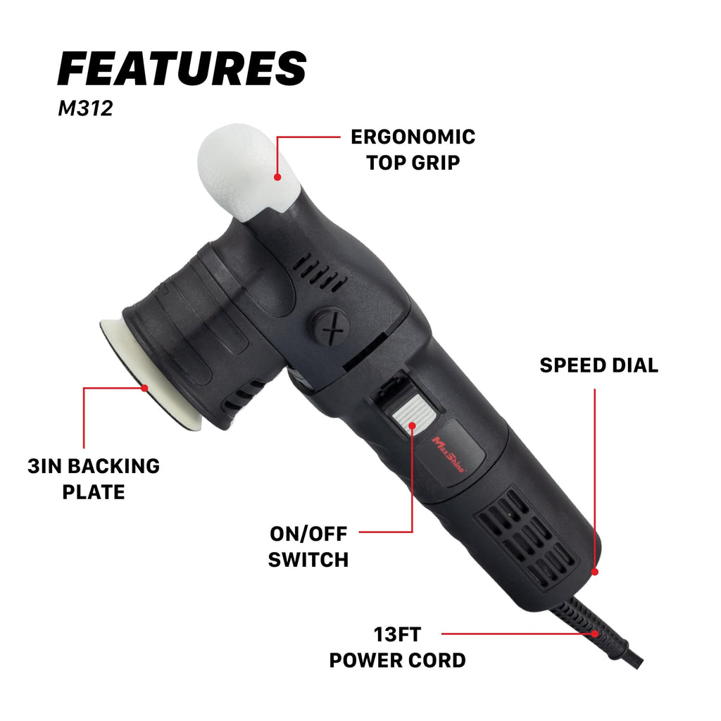 Maxshine M312 Dual Action Polisher & Foam Pads Kit– 12mm Throw Car Buffer with 3” Backing Plate, 550W Motor, 6-Speed Control & Low Vibration – Auto Detailing Tool for Cars, Trucks, SUVs & Boats