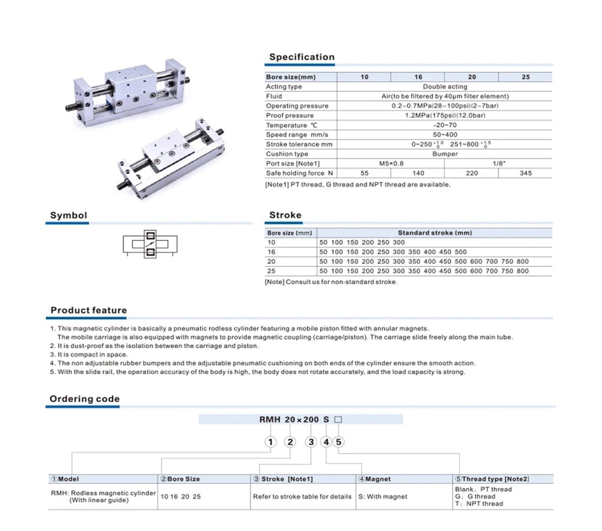 Rodless Cylinder RMH10 RMH15 RMH20 RMH25 Magnetic Cylinder with Linear Guide Pneumatic Cylinder Double Acting(Stroke 450mm)