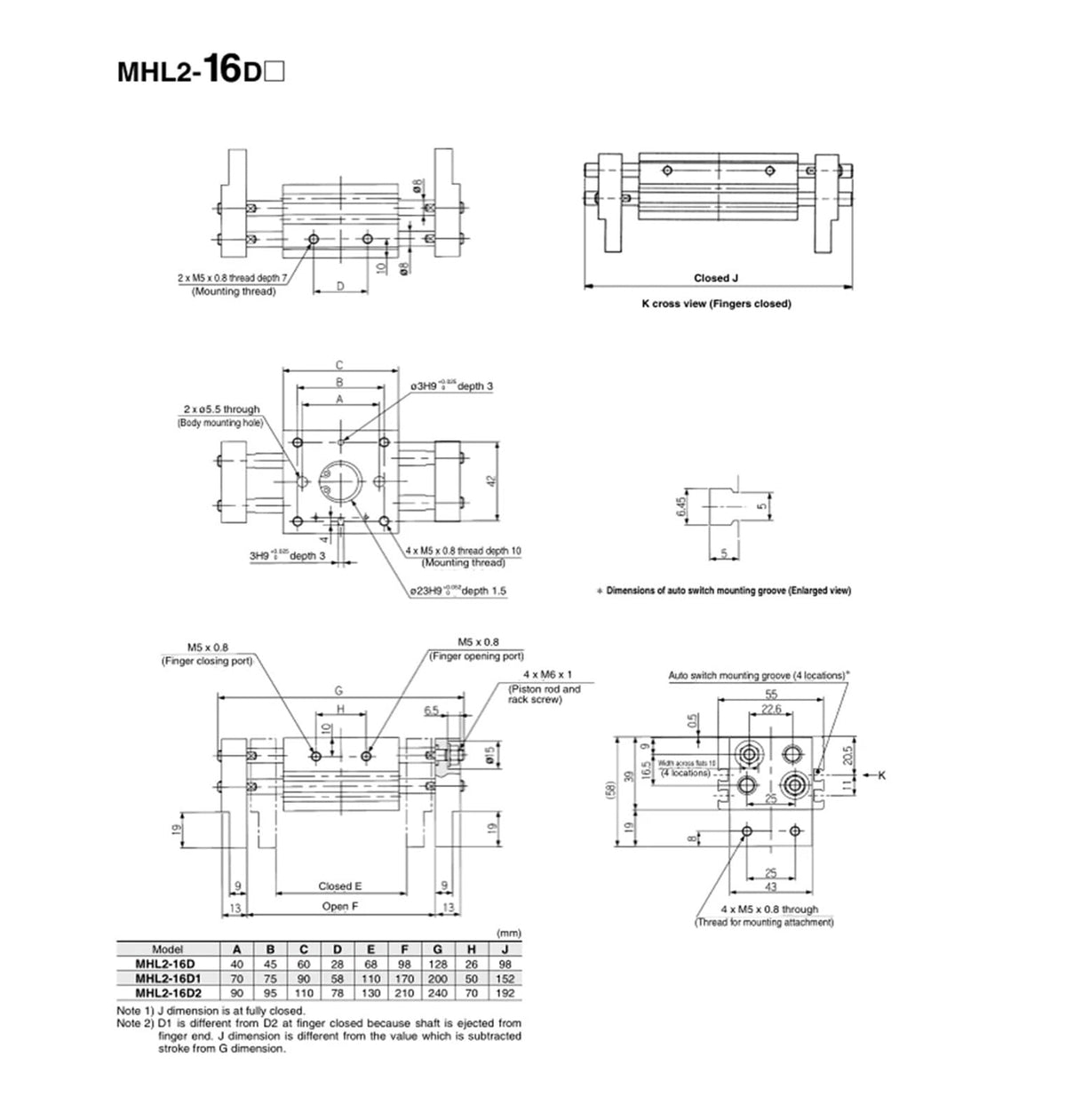 MHL2 10D 16D 20D 25D 32D 40D Double Acting Pneumatic Gripper Wide Type Air Gripper Parallel Cylinder Al Clamps Bore 10-40mm(MHL2-16D1)