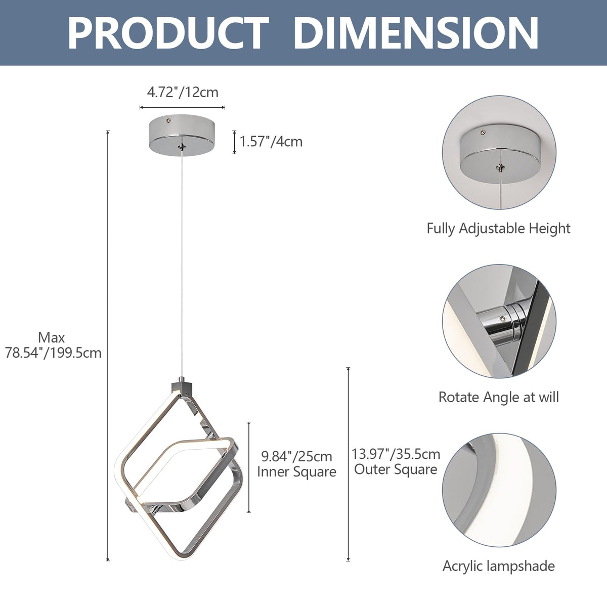Modern LED Chandelier Chrome Rectangular Pendant Light Fixtures 4000K 20W Dimmable Height Adjustable Pendant Lighting for Dining Room Kitchen Island Bedroom Living Room Foyer（3-Pack）