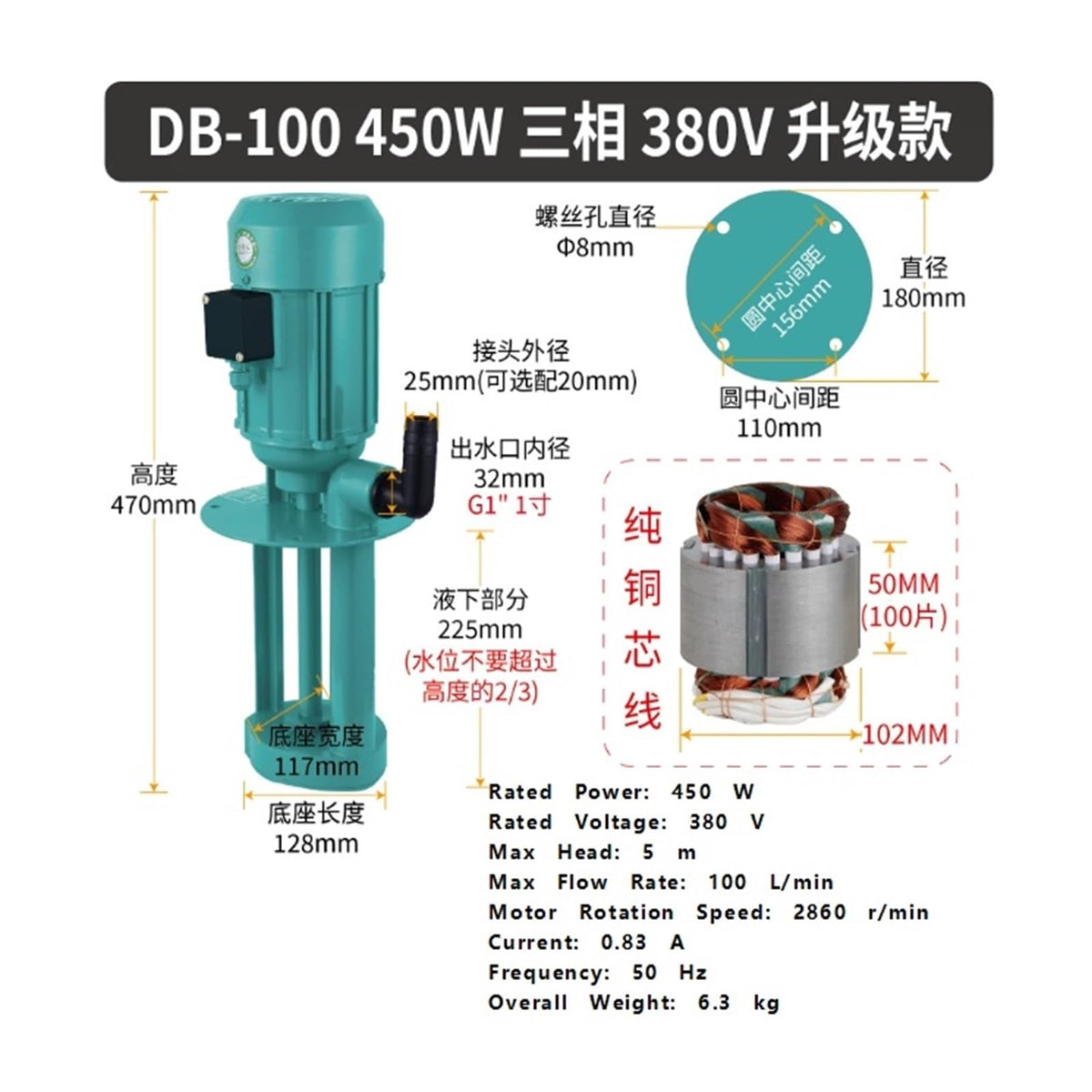 Machine Tool Coolant Pump 450W 380V 100L/min Three-Phase