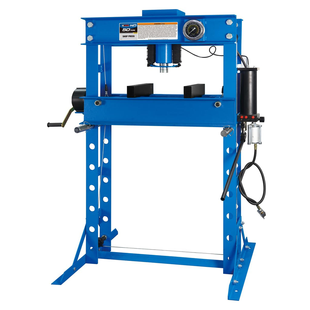 K Tool International HD63650 50 Ton Air/Hydraulic Shop Press, 7.5" Ram Stroke, Minimum 6.6" and Maximum 34.2" Working Range, Double Speed Pump, Self-Locking Hand Winch, Anti-Shock Pressure Gauge
