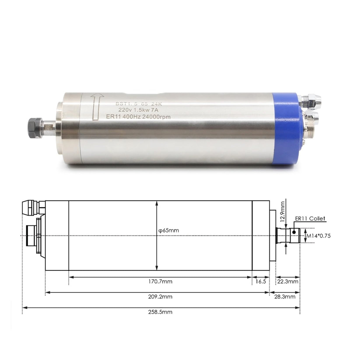 Water-Cooled Spindle kit 1.5kw ER11 Diameter 65mm 4 Bearings & 1.5kw HY Inverter/VFD & 65mm Stand & 75w Water Pump(110v)