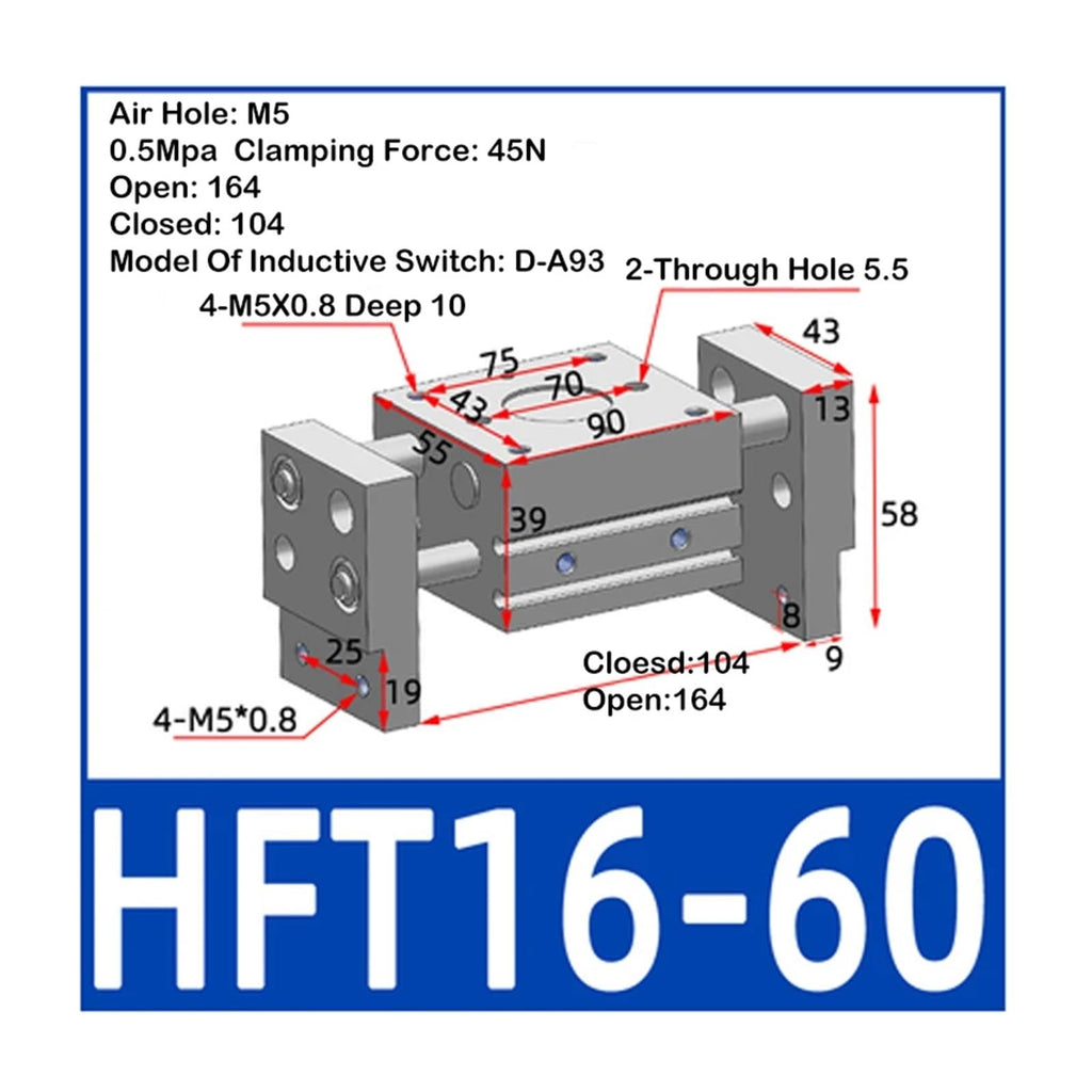 HFT Pneumatic Cylinder Large Diameter Open Clip Finger Cylinder HFT10/16/20/25/32x20/30/40/60/80/150-S(HFT16x60)