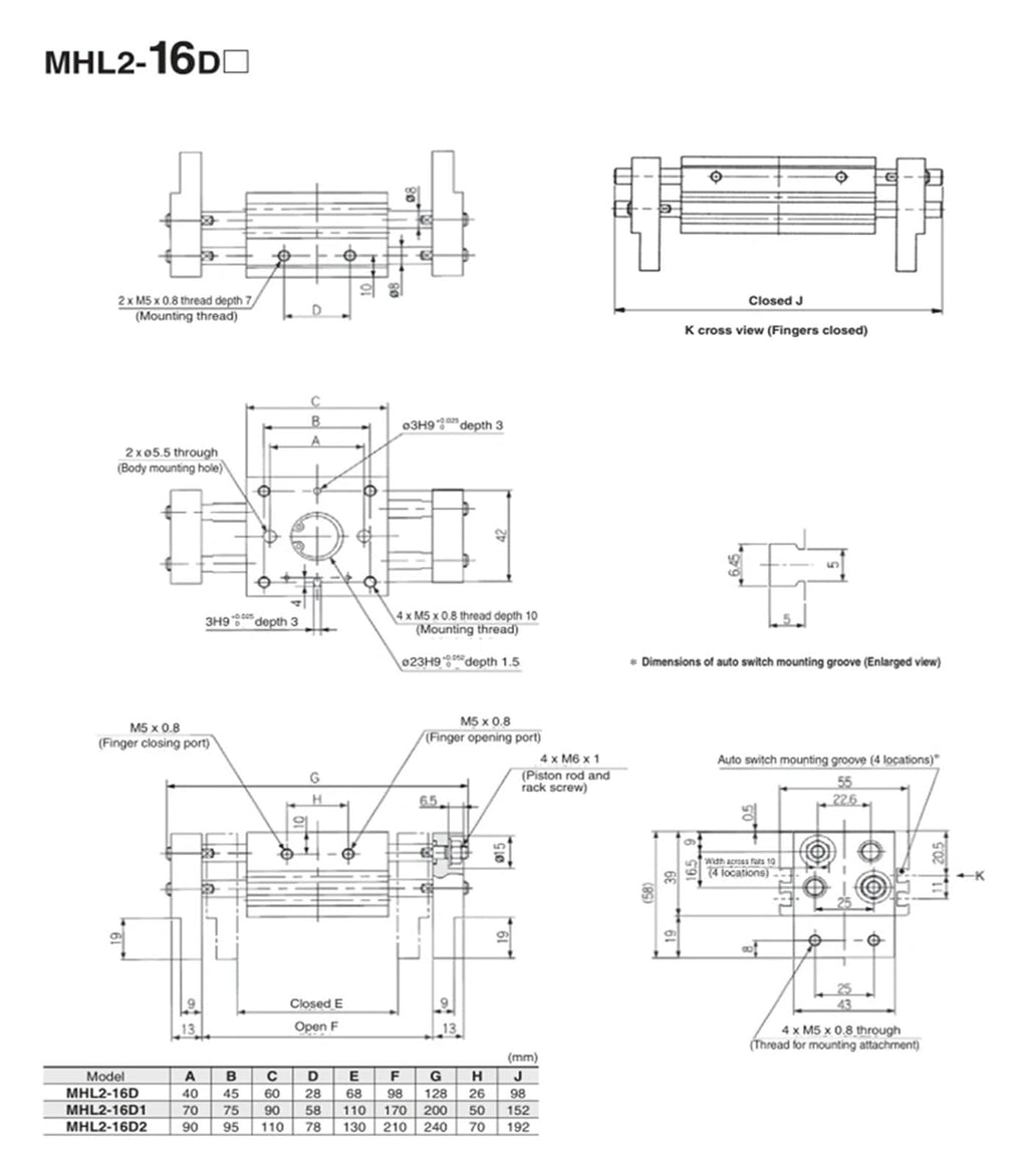 Double Acting Pneumatic Gripper Wide Type Air Gripper Parallel Cylinder MHL2-10D 16 20 25 32 40D1 D2 Aluminium Clamps(MHL2-16)