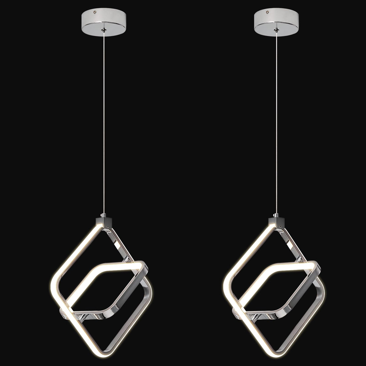 Modern LED Chandelier Chrome Rectangular Pendant Light Fixtures 4000K 20W Dimmable Height Adjustable Pendant Lighting for Dining Room Kitchen Island Bedroom Living Room Foyer（3-Pack）