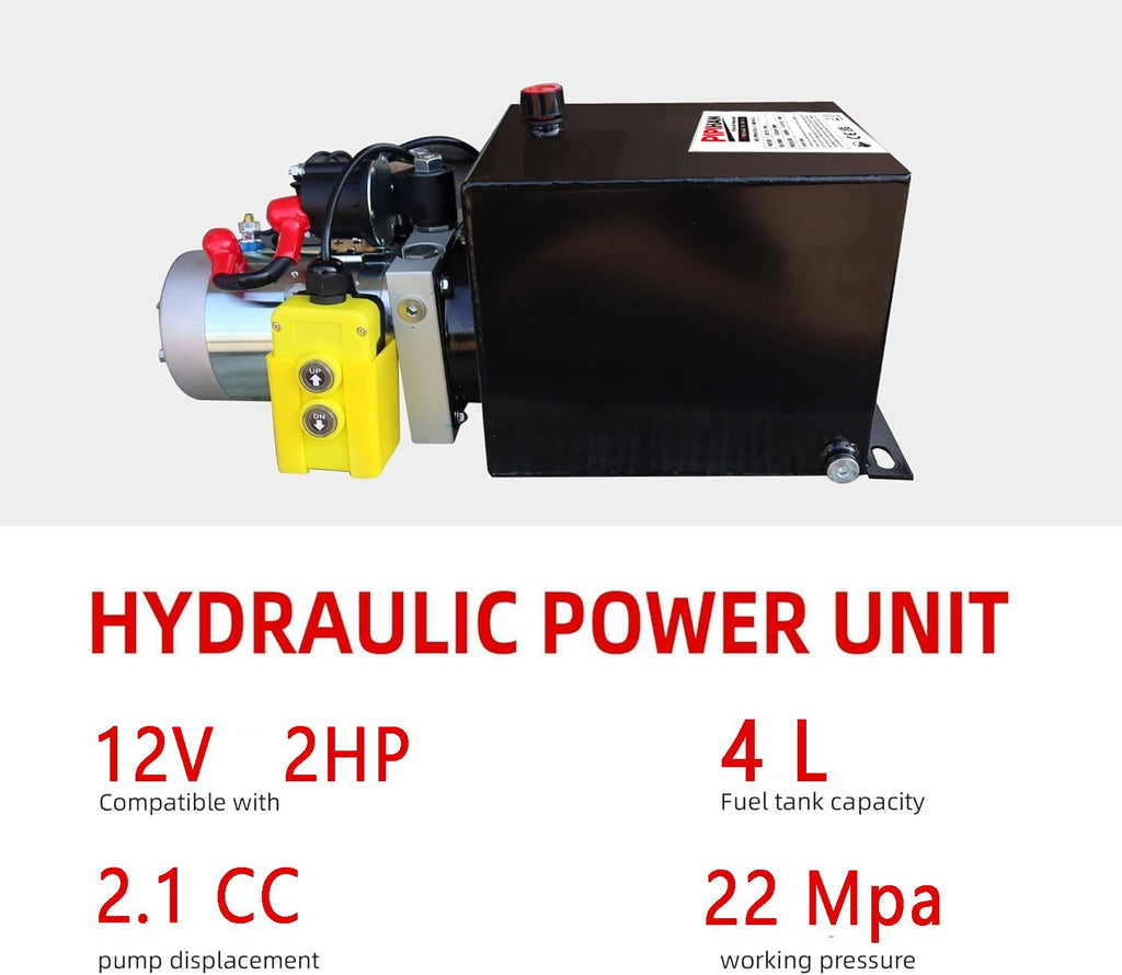 Single Acting Hydraulic Pump 4 Quart Hydraulic Power Units 12V DC Hydraulic Pump SAE#6 Connector for Dump Trailer Car Lifting