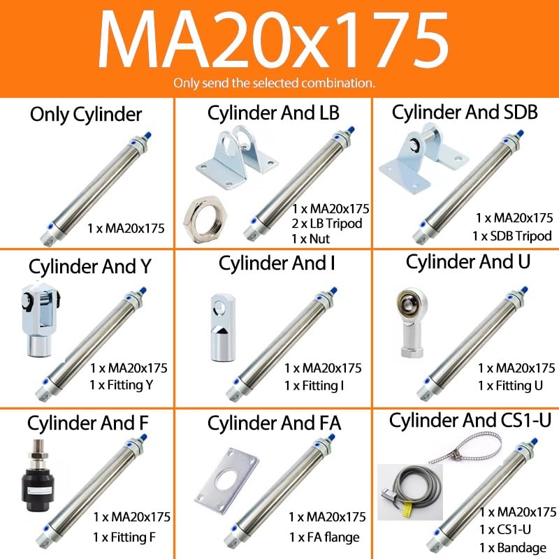 -Air Cylinder 25-500mm Stroke MA20 Series Stainless Steel Mini Air Pneumatic Cylinder Double Acting Pneumatic Piston(MA20X175,Only Cylinder)