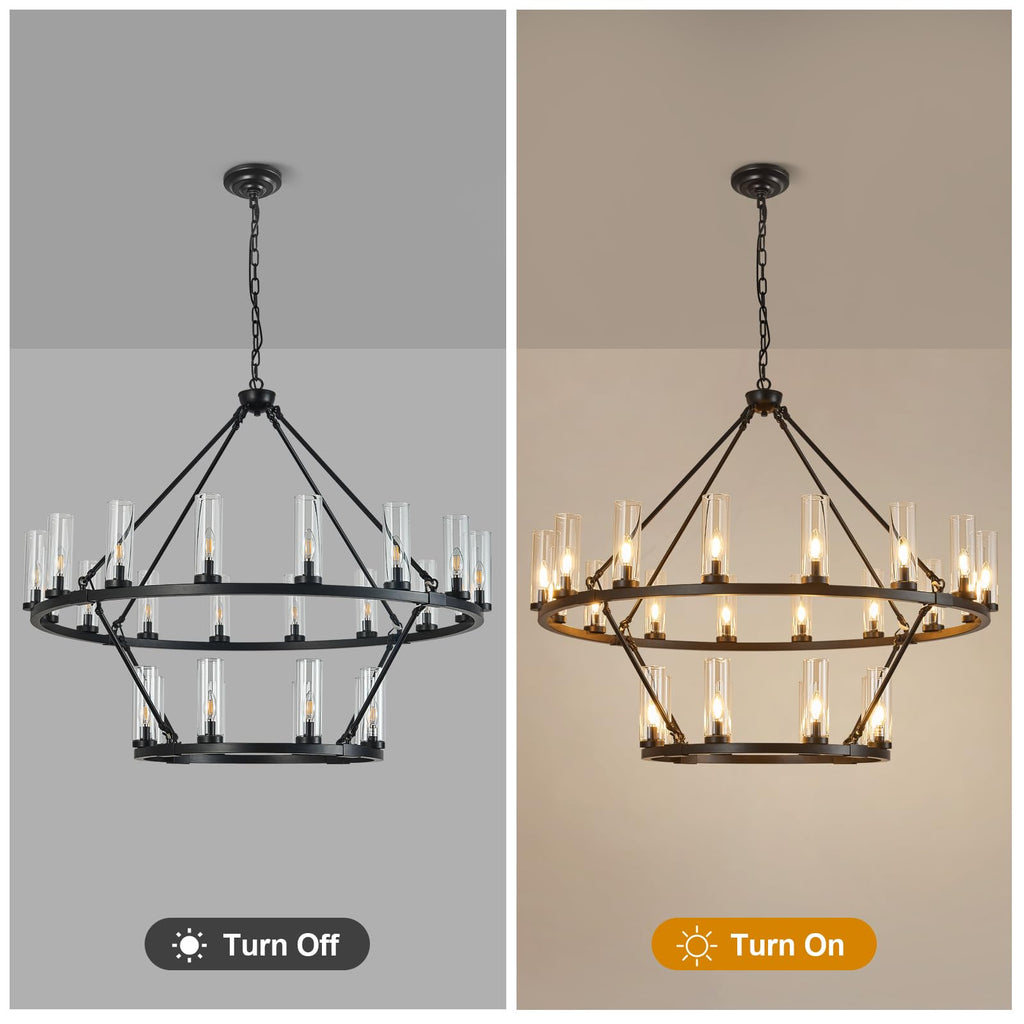 48 Inch Large Black Wagon Wheel Chandelier with Clear Glass Shade 2 Tier 24-Lights Round Pendant Light Farmhouse Industrial Chandeliers Dining Room Light Fixture for Stair Living Room Foyer