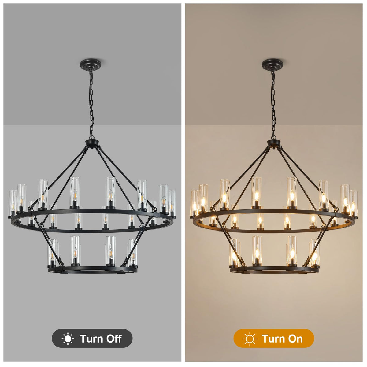 48 Inch Large Black Wagon Wheel Chandelier with Clear Glass Shade 2 Tier 24-Lights Round Pendant Light Farmhouse Industrial Chandeliers Dining Room Light Fixture for Stair Living Room Foyer