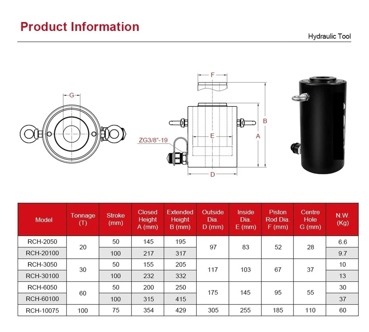 Electric Hydraulic Pump High Pressure Electric Pump, 100Ton 75mm Hydraulic Hollow Hole Cylinder Hydraulic Lifting Jack