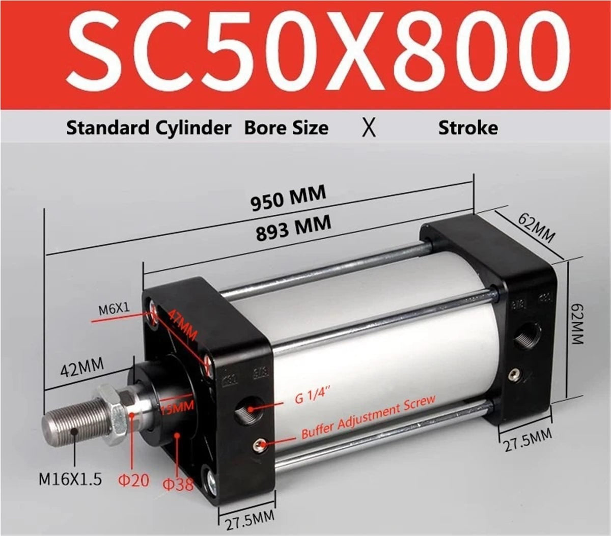 SC50X800 Standard Pneumatic Cylinder 50mm Bore Size X 800 MM Stroke Double Acting Air Standard Cylinder