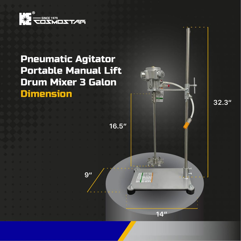 COSMOSTAR 1/8 HP Pneumatic Agitator Portable Manual Lift Drum Mixer 3 Gallon Paint Mixer Machine Ink Coating Laboratory Mixer Industrial Liquid Mixer Mixing Tool