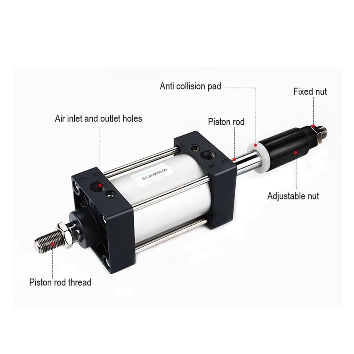 SCJ Adjustable Stroke Standard Pneumatic Cylinder 32/40/50/63/80/100/125mm Bore Big Thrust Piston 25/50/75/100/200/500mm Stroke(Stroke 100-50,Bore 80mm)